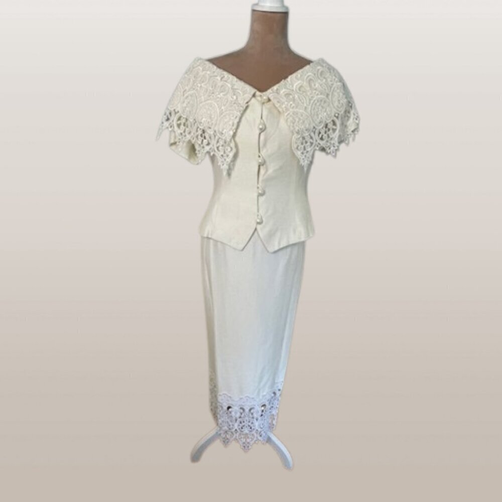 Jessica McClintock Vintage 90’s Ivory Lace Pearl Skirt Suit Bridal Shower Medium - Picture 10 of 10